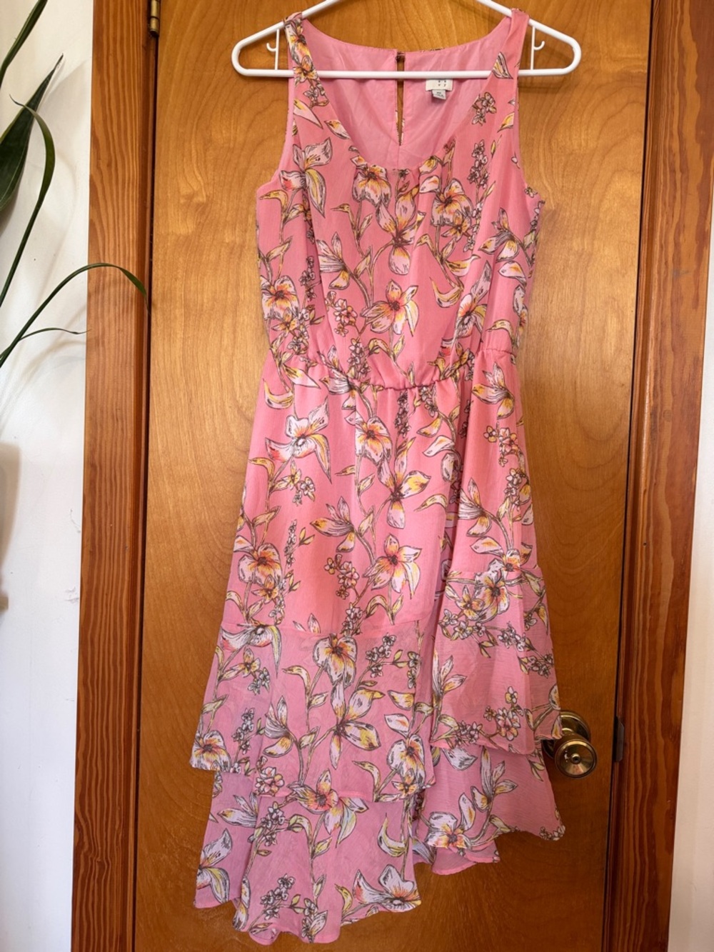 Pink Floral Sleeveless Dress Asymmetrical